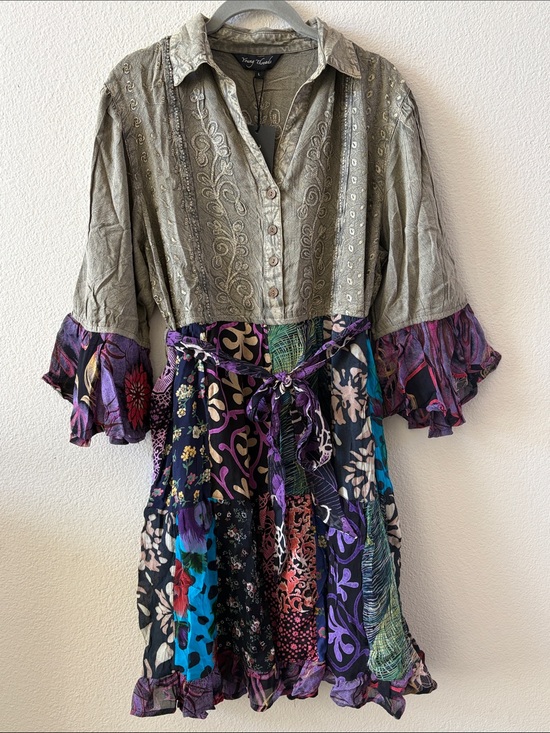 Young Threads Dresses & Skirts - Boho Patchwork Long Sleeve Dress in Olive & Purple